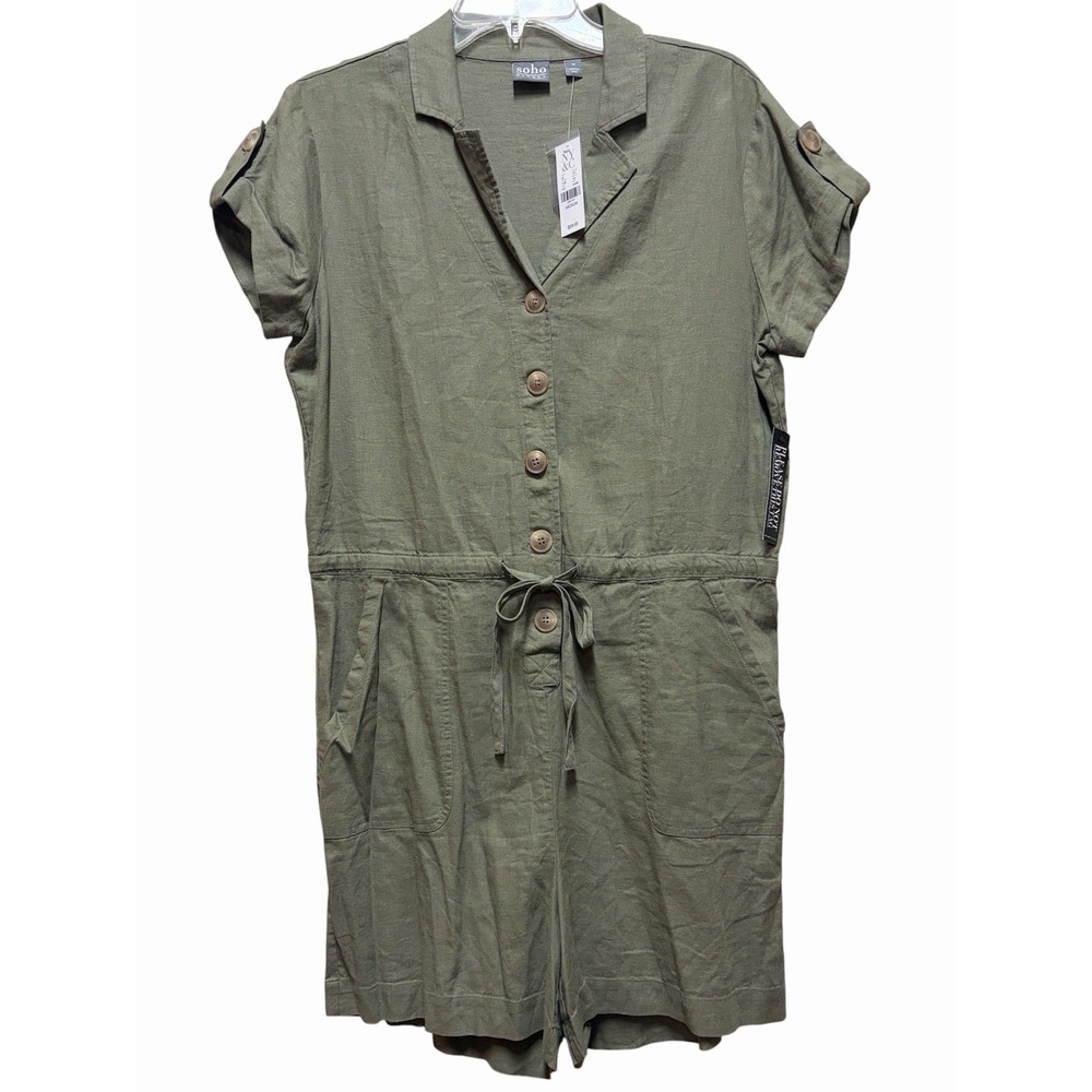 Soho New York & Company Olive Linen Romper Short Sleeve Button Tie Waist Medium